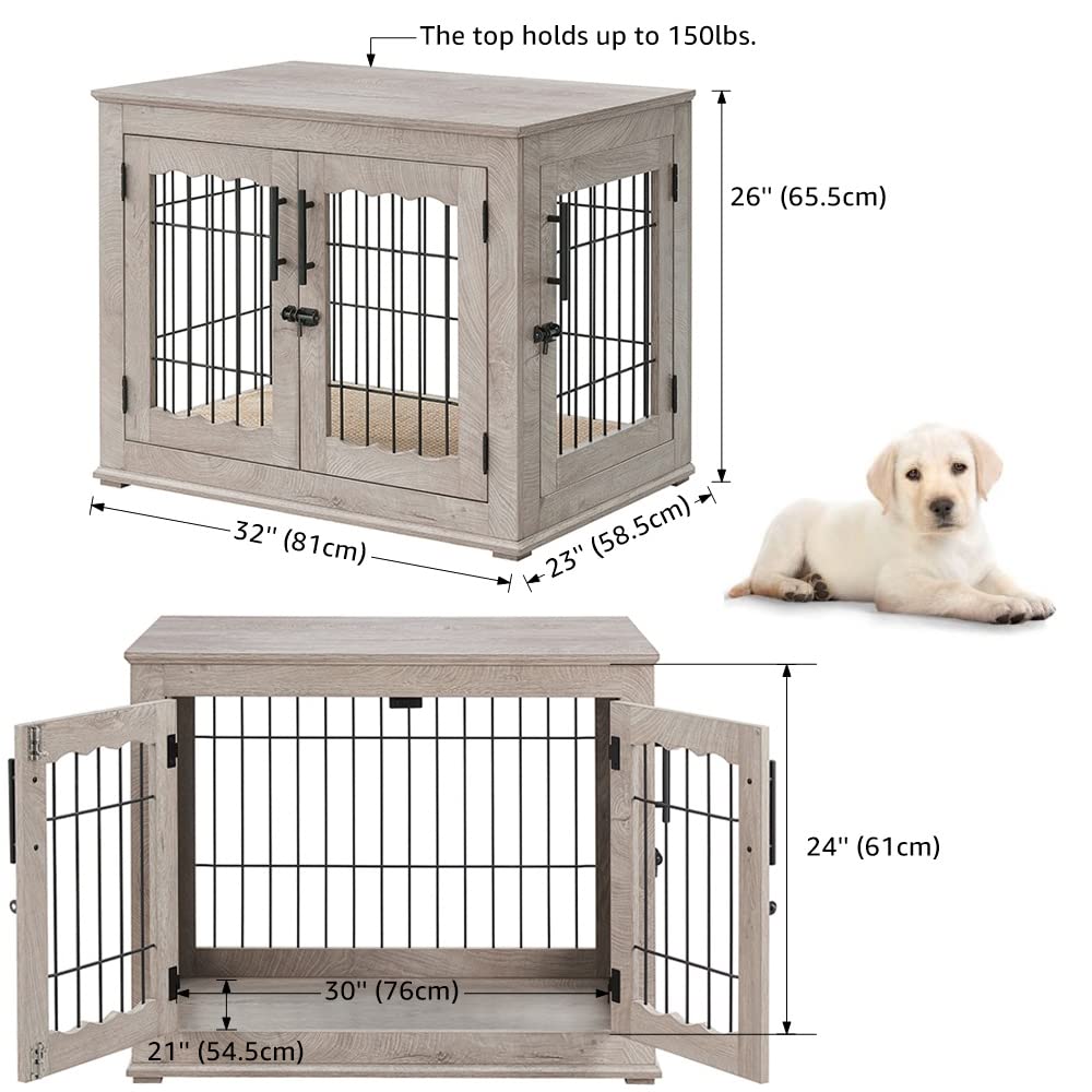beeNbkks Furniture Style Dog Crate End Table, Double Doors Wooden Wire Dog Kennel with Pet Bed, Decorative Pet Crate Dog House Indoor Medium Large beeNbkks
