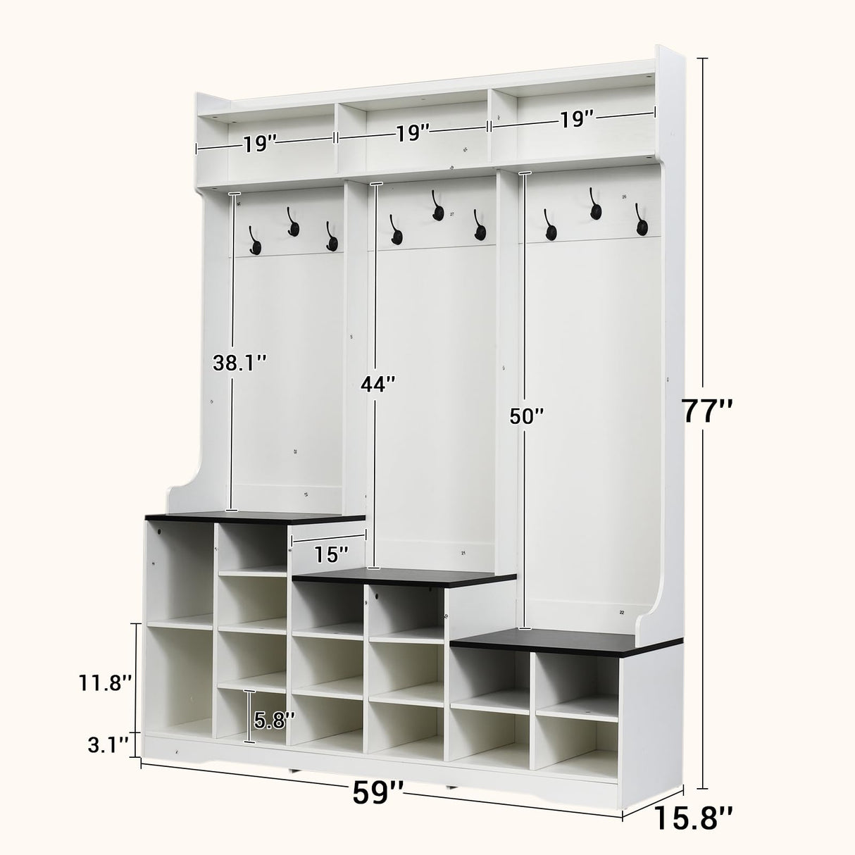 77" Hall Tree with Shoe Storage and Coat Rack, Farmhouse Entryway Bench, 16 Shoe Cubbies & 10 Coat Hooks, 15.8"D x 59"W x 77"H, Freestanding Entrance Storage Cabinet for Entryway Hallway, White Yeyawomy