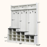 77" Hall Tree with Shoe Storage and Coat Rack, Farmhouse Entryway Bench, 16 Shoe Cubbies & 10 Coat Hooks, 15.8"D x 59"W x 77"H, Freestanding Entrance Storage Cabinet for Entryway Hallway, White Yeyawomy