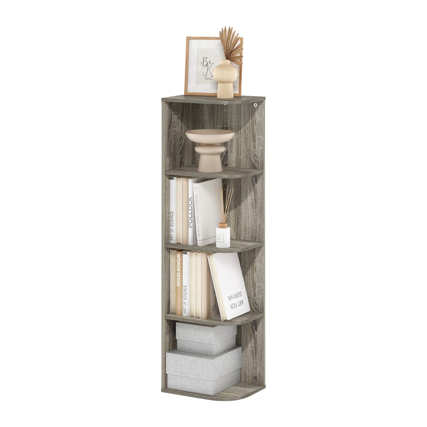 Furinno Pasir 4-Tier Corner Open Shelf Bookcase, French Oak - WoodArtSupply