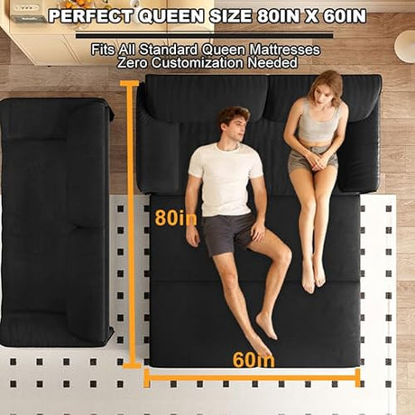 UPYOOE 63.8" Futon Sofa Bed Queen Size, Pull Out Bed, 3-in-1 Convertible Sleeper Sofa with Side Pocket, Modern Velvet Futon Couch for Living Room, Small Space, Apartment, Bedroom, Black UPYOOE