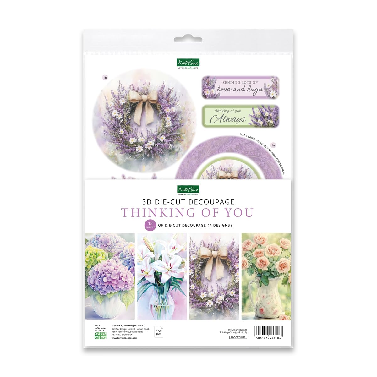 Katy Sue Designs Thinking of You 3D Die Cut Decoupage Collection for Card Making Supplies. Contains 12 Sheets of Katy Sue Die Cut Decoupage Featuring Lavender, Lillies, Hydrangea, and Roses Katy Sue