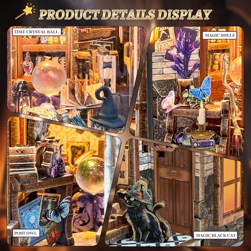 SUNNINO Miniature Dollhouse Kit, 3D Wooden Puzzles for Adults Mini House Building Kit with LED Lights Christmas Birthday Gifts Book Nook Kits Bookshelf Decor for Adults and Teens, Time Magic Club
