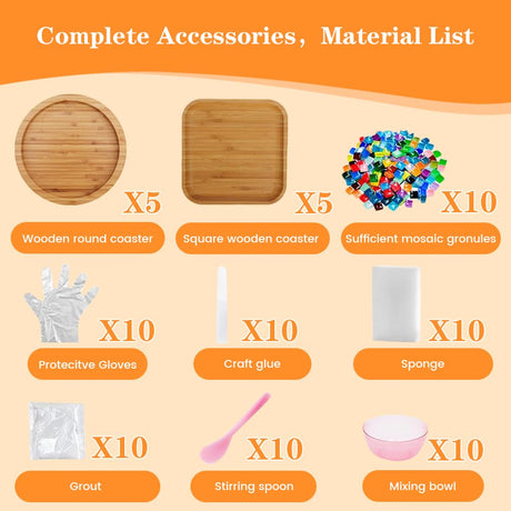 Airsnigi 10 Set DIY Mosaic Tiles for Crafts Mixed Color Mosaic Kits with Wooden Coasters Handmade Glass Coasters Crafts Set for Adult Creative Handmade Home Decoration Gift Airsnigi