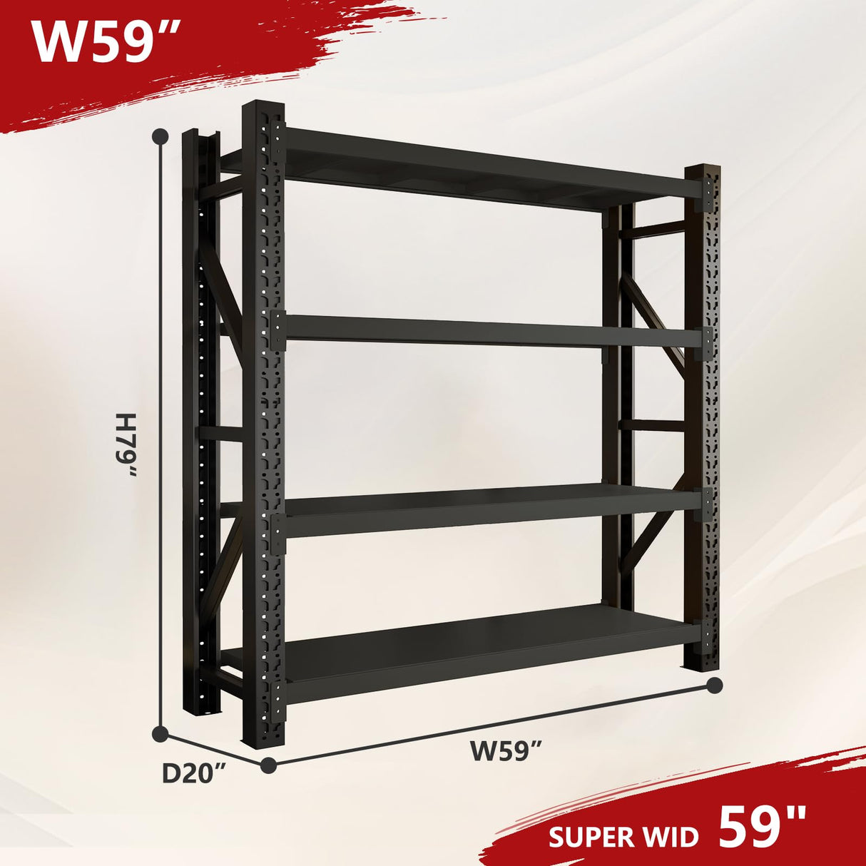 MDXEKE 5000lbs Garage Shelving Heavy Duty, 4-Tier Metal Adjustable Garage Shelves, Storage Shelves for Warehouse, Pantry, Basement, 59" W X 20" D X 79" H (Black, 59x20x79) MDXEKE