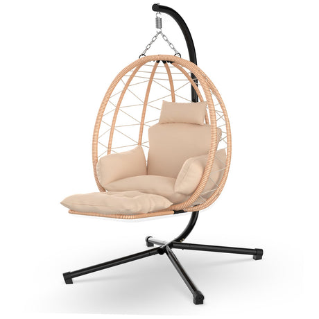 ZENPETIO Hanging Egg Chair with Stand, Removable Leg Rest, UV Resistant Cushion & Pillow, 370lbs Capacity – Indoor & Outdoor Use, Rattan Wicker Swing Egg Chair for Patio, Bedroom, Balcony, Brown ZENPETIO
