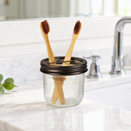 Amolliar Mason Jar Bathroom Accessories Set 4 Pcs -Lotion Soap Dispenser & 2 Qtip Holders & Toothbrush Holder - Rustic Farmhouse Decor, Bathroom Home Decor (Bronze) Amolliar