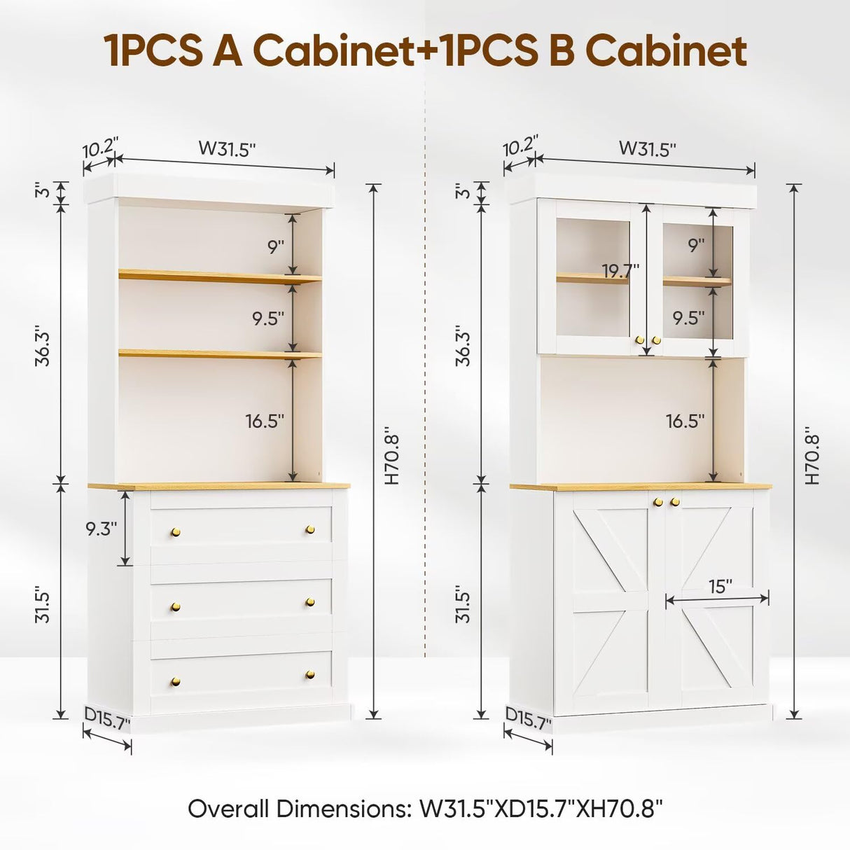 71" Farmhouse Kitchen Pantry Cabinet Set of 3, White Freestanding Coffee Bar Hutch with Glass Doors, Drawers & Adjustable Shelves, Large Storage Cabinet with Microwave Stand for Living Room & Kitchen Vyre