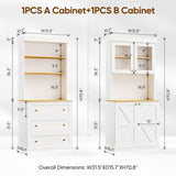 71" Farmhouse Kitchen Pantry Cabinet Set of 3, White Freestanding Coffee Bar Hutch with Glass Doors, Drawers & Adjustable Shelves, Large Storage Cabinet with Microwave Stand for Living Room & Kitchen Vyre