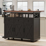 46.5'' Farmhouse Kitchen Island with Drape of Beads, Power Outlet, Rolling Kitchen Cart on Wheels with Drop Leaf, 3 Doors , 3 Drawers and Internal Iron Shelf, for Kitchen, Dining Room, Black HomeGearTech