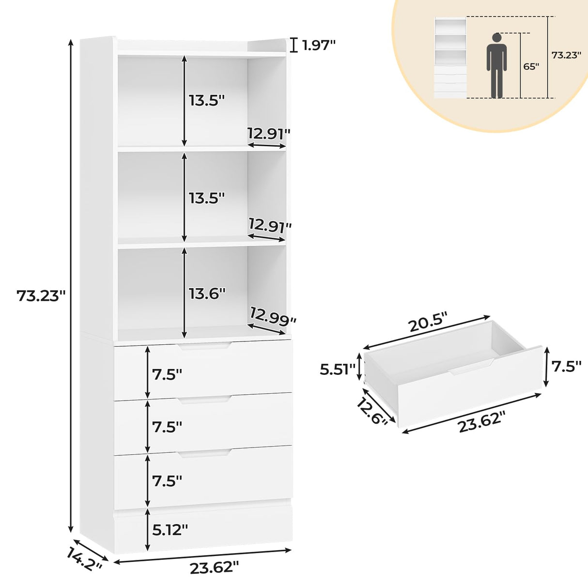 DICTAC 73.23'' Tall Storage Cabinet Bookcase with 3 Drawers and 3-Tier Open Shelves Wooden Bookshelf Kitchen Pantry Storage Organizer Cabinets for Living Room, Study, Kitchen,Bathroom,White DICTAC