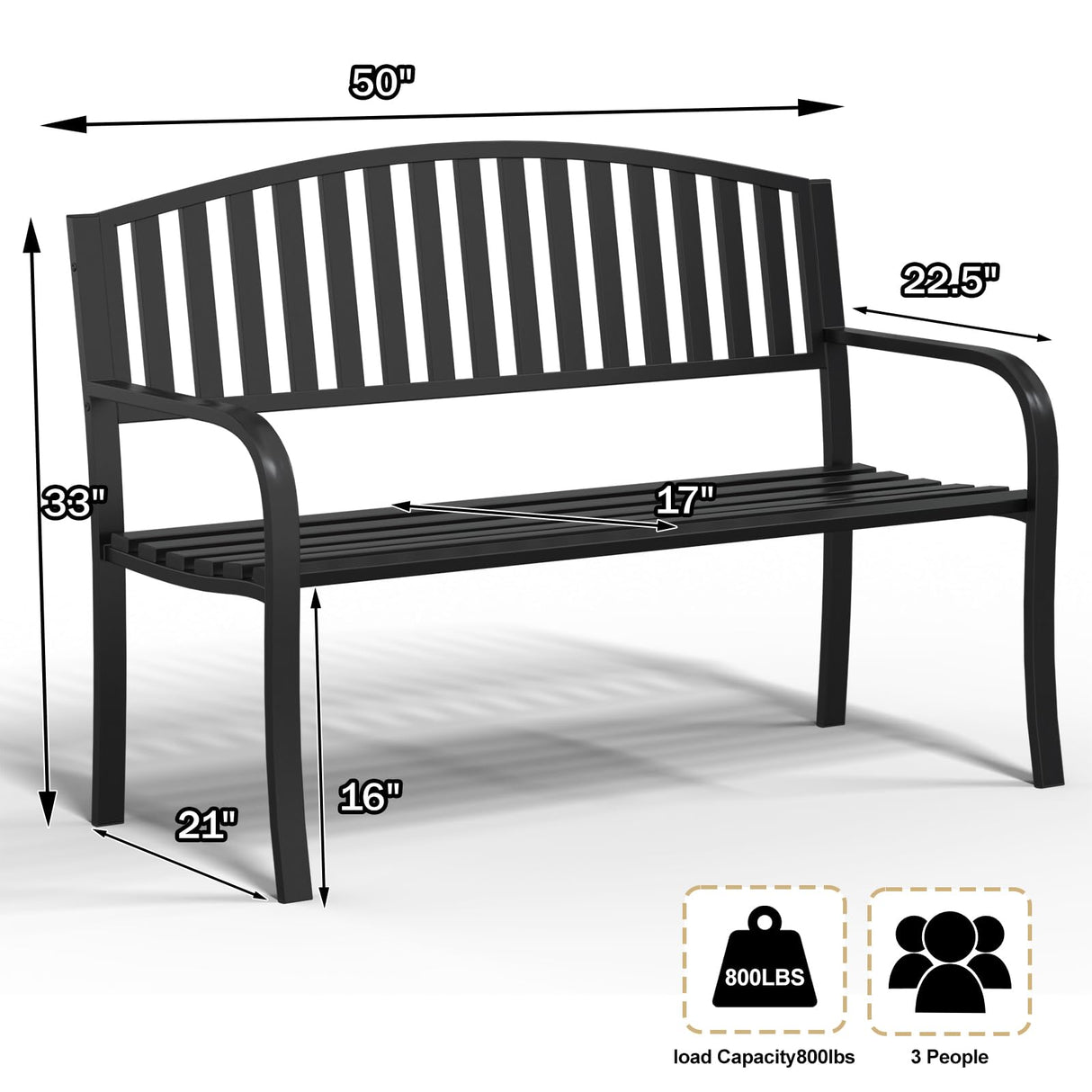 50" Heavy Duty Outdoor Bench, Wrought Iron Weatherproof Garden Bench Black Metal Patio Bench for Park Proch Yard 880lbs Maemttes