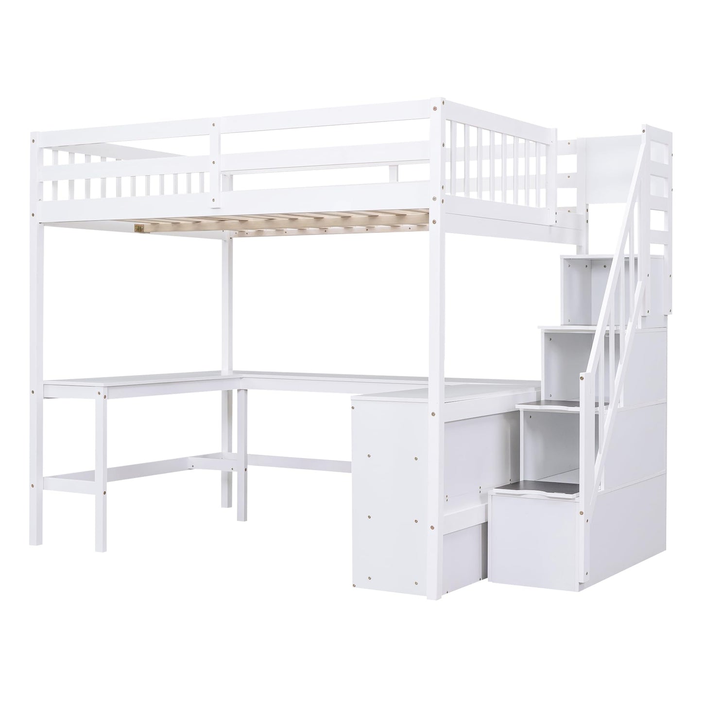 Harper & Bright Designs White Full Loft Bed with Stairs, Desk and Storage Shelves,Wooden Full Size Loft Bed Frame,High Loft Bed with Slat Support for Kids,Teens,Adults,No Box Spring Needed