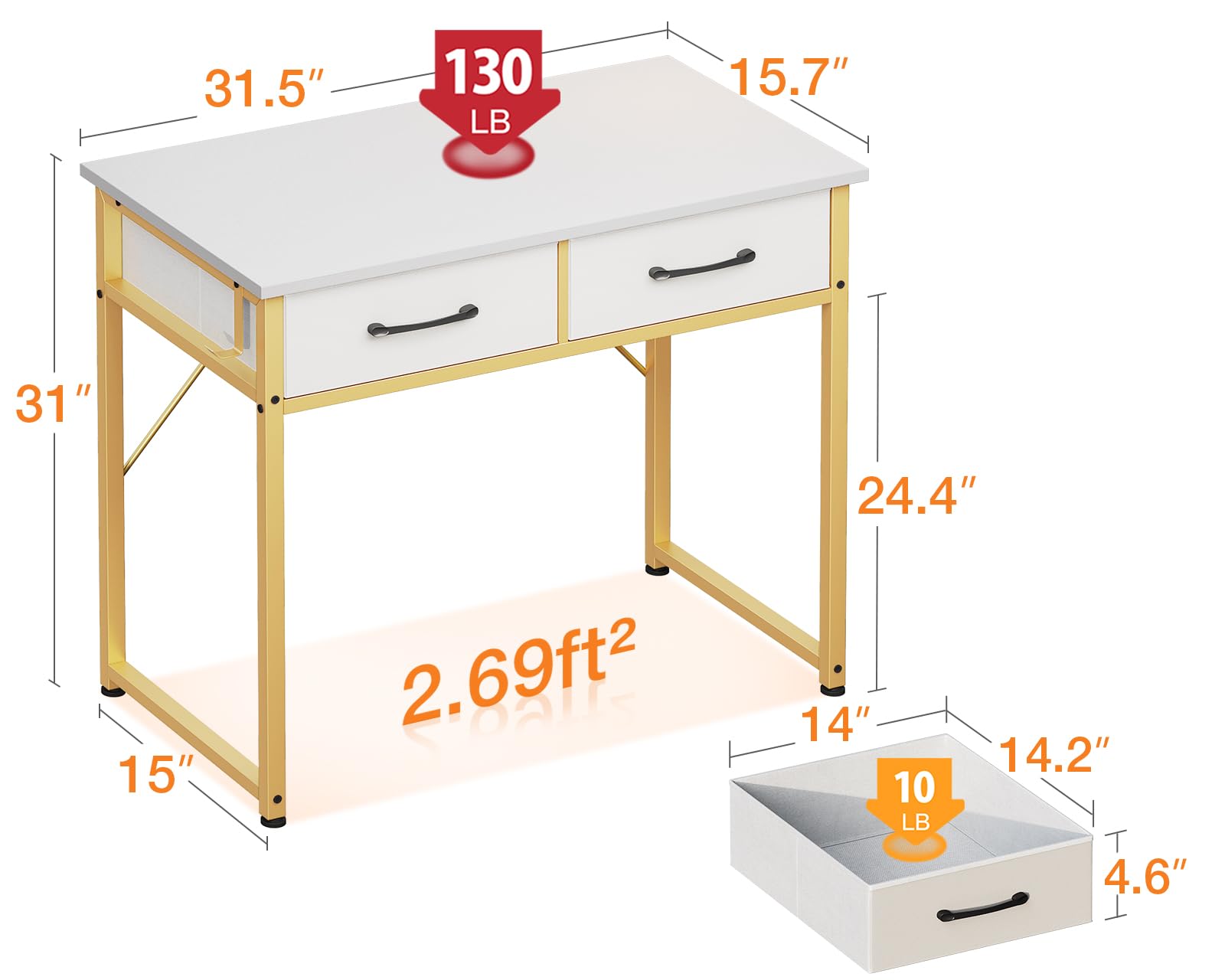 ODK 32 Inch Vanity Desk with Fabric Drawers & Versatile Hook, Makeup Dressing Table with Storage, Home Office Desks for Bedroom, Modern Writing Desk for Small Spaces, White and Gold Leg (No M - WoodArtSupply