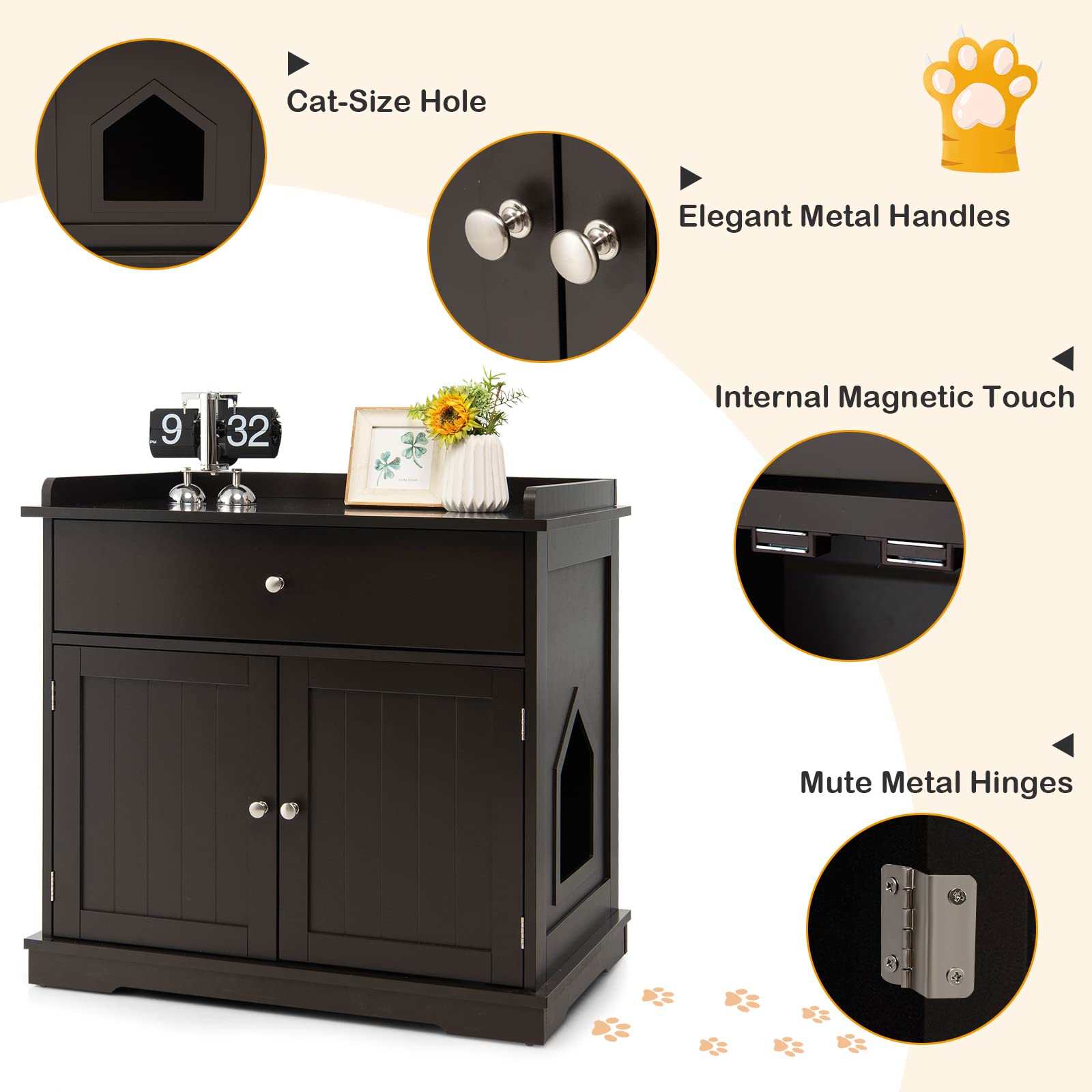 Tangkula Litter Box Enclosure, Cat Litter Box Furniture Hidden with Large Drawer, 2 Doors, Indoor Cat Washroom Storage Bench Side Table Cat House, Large Wooden Enclosed Litter Box Cabinet (Br - WoodArtSupply