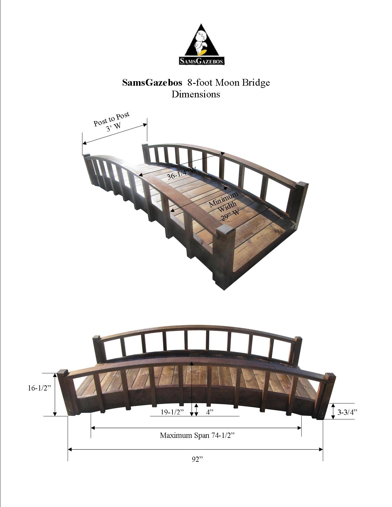 SamsGazebos Moon Bridges Japanese Style Arched Wood Garden Bridges, 8-Feet, Brown - WoodArtSupply