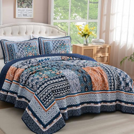 WONGS BEDDING Navy Blue Quilt Set King Size,Bohemian Patchwork Bedspread Coverlet Set, Reversible Farmhouse Floral Pattern Bedspreads Bedding Set for All Seasons (104"x90") WONGS BEDDING