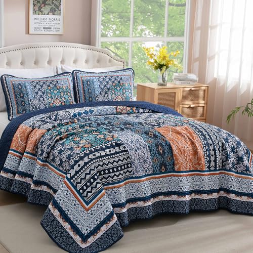 WONGS BEDDING Navy Blue Quilt Set Queen Size,Bohemian Patchwork Bedspread Coverlet Set, Reversible Farmhouse Floral Pattern Bedspreads Bedding Set for All Seasons (96"x90") WONGS BEDDING