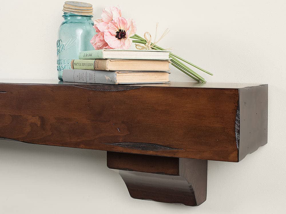 48 Inch Floating Fireplace Mantel Wood Shelf In Cherry Rustic - Breckenridge From Mantels Direct | With Corbel Bracket Arches | Wooden Rustic Wall Shelf Perfect for Electric Fireplaces and Décor MANTELSDIRECT