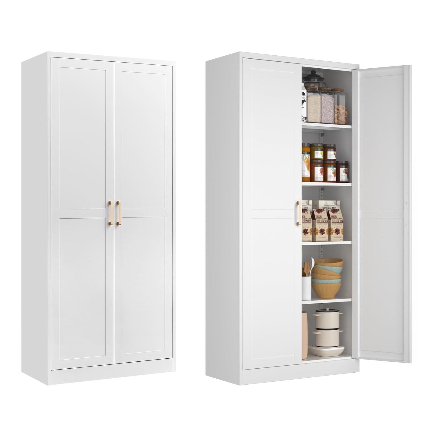 Polup White Kitchen Pantry Cabinet, Pantry Storage Cabinet with Doors and Adjustable Shelves, Metal Food Pantry Cabinets with Handle, 71" Tall Freestanding Cupboard for Living Room-Assemble R - WoodArtSupply