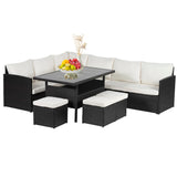 Outdoor Dining Sets 7 Pieces Patio Dining Table Set 9 Seats Rattan Outdoor Furniture Set with Glass Dining Table Sectional Sofas Ottoman Cushions for Patio Backyard Poolside Outdoor, Khaki PayLessHere