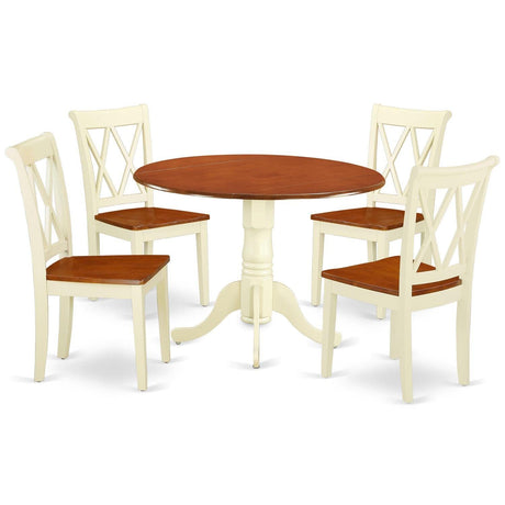 East West Furniture DLCL5-BMK-W Dublin 5 Piece Room Set Includes a Round Dining Table with Dropleaf and 4 Wood Seat Chairs, 42x42 Inch East West Furniture