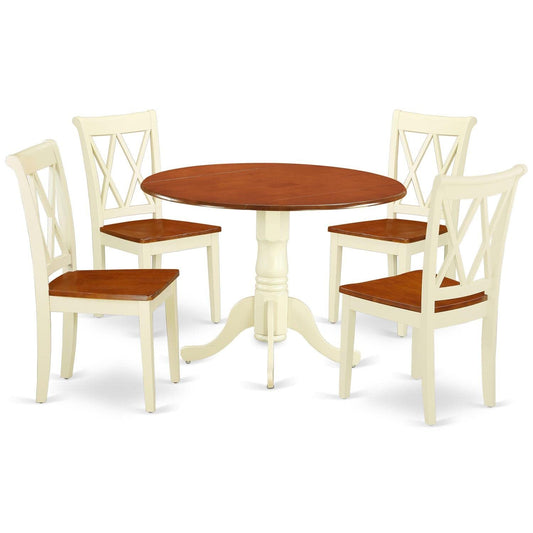 East West Furniture DLCL5-BMK-W Dublin 5 Piece Room Set Includes a Round Dining Table with Dropleaf and 4 Wood Seat Chairs, 42x42 Inch - WoodArtSupply