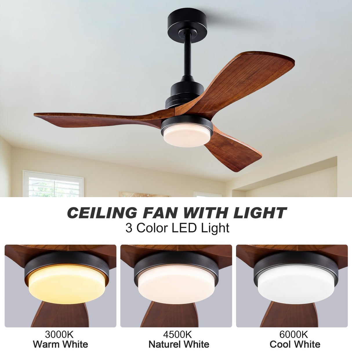 XBIBI 42 Inch Ceiling Fans with Lights and Remote, Modern 3 Blades Wood Ceiling Fan with light, 6 Speed Quiet DC Motor, Indoor Outdoor Ceiling Fan for Patio Bedroom Living Room Kitchen Office XBIBI