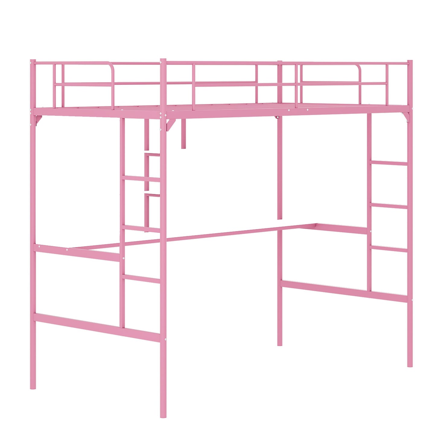 MOOITZ Twin Size Loft Bed with Desk, Multifunctional Metal Loft Bed Frame with Ladder and Full Guardrail, Space-Saving, Noise Free, Modern Industrial Style, (Pink, Twin Size Loft Bed with Desk)