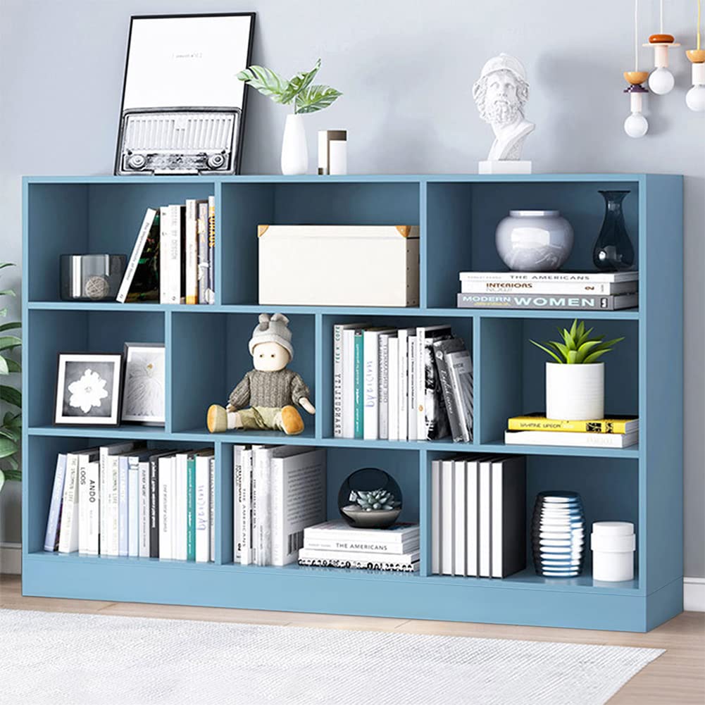 IOTXY Open Shelf Low Bookcase - Wooden 3-Tier Floor Standing Display Cabinet Organizer with Base, 10 Cubes Short Horizontal Bookshelf in Bright Blue IOTXY