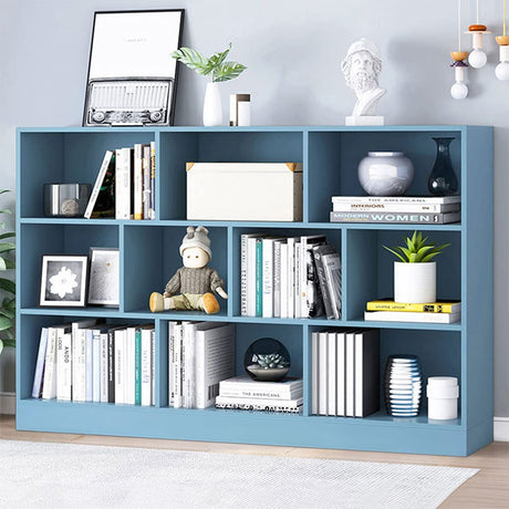 IOTXY Open Shelf Low Bookcase - Wooden 3-Tier Floor Standing Display Cabinet Organizer with Base, 10 Cubes Short Horizontal Bookshelf in Bright Blue IOTXY