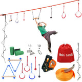50FT Jungle Gym Ninja Warrior Training Equipment Hanging Monkey Bar, Adjust Kids Adults Obstacles Course Backyard Playground Trapeze Playset- Climb Rope Ladder, Wood Swing Bar, Ninja Ring, Monkey Fist Hokilands