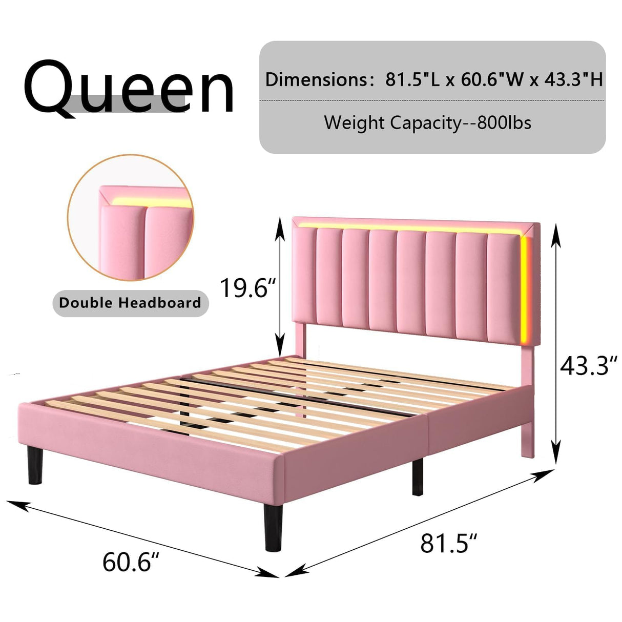 IMMERSTABLE Queen Bed Frame Pink with LED Lights, Upholstered Bed Frame Queen with Headboard, Heavy Duty Wood Slats Support, Noise-Free, No Box Spring Needed, Easy Assembly IMMERSTABLE