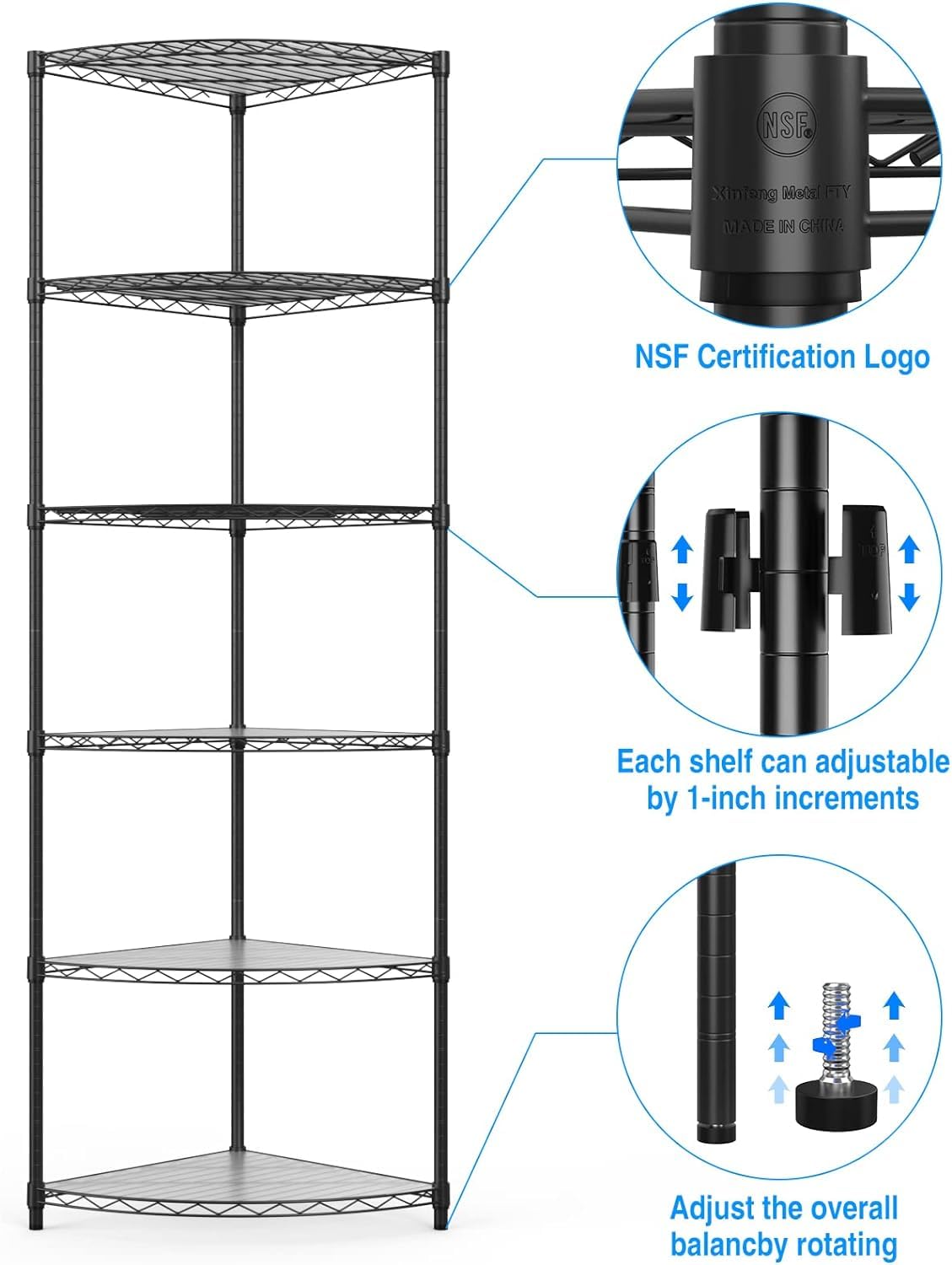 Corner Shelf Wire Shelving Unit, 6 Tier NSF Metal 420lbs Capacity Heavy Duty Adjustable Storage Rack with Shelf Liners for Closet Kitchen Bathroom Garage Basement, 72" H x 18" L x 18" D - Black