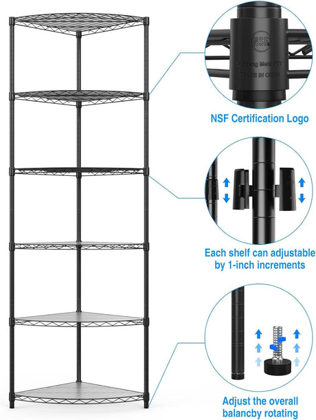 Corner Shelf Wire Shelving Unit, 6 Tier NSF Metal 420lbs Capacity Heavy Duty Adjustable Storage Rack with Shelf Liners for Closet Kitchen Bathroom Garage Basement, 72" H x 18" L x 18" D - Black pouseayar