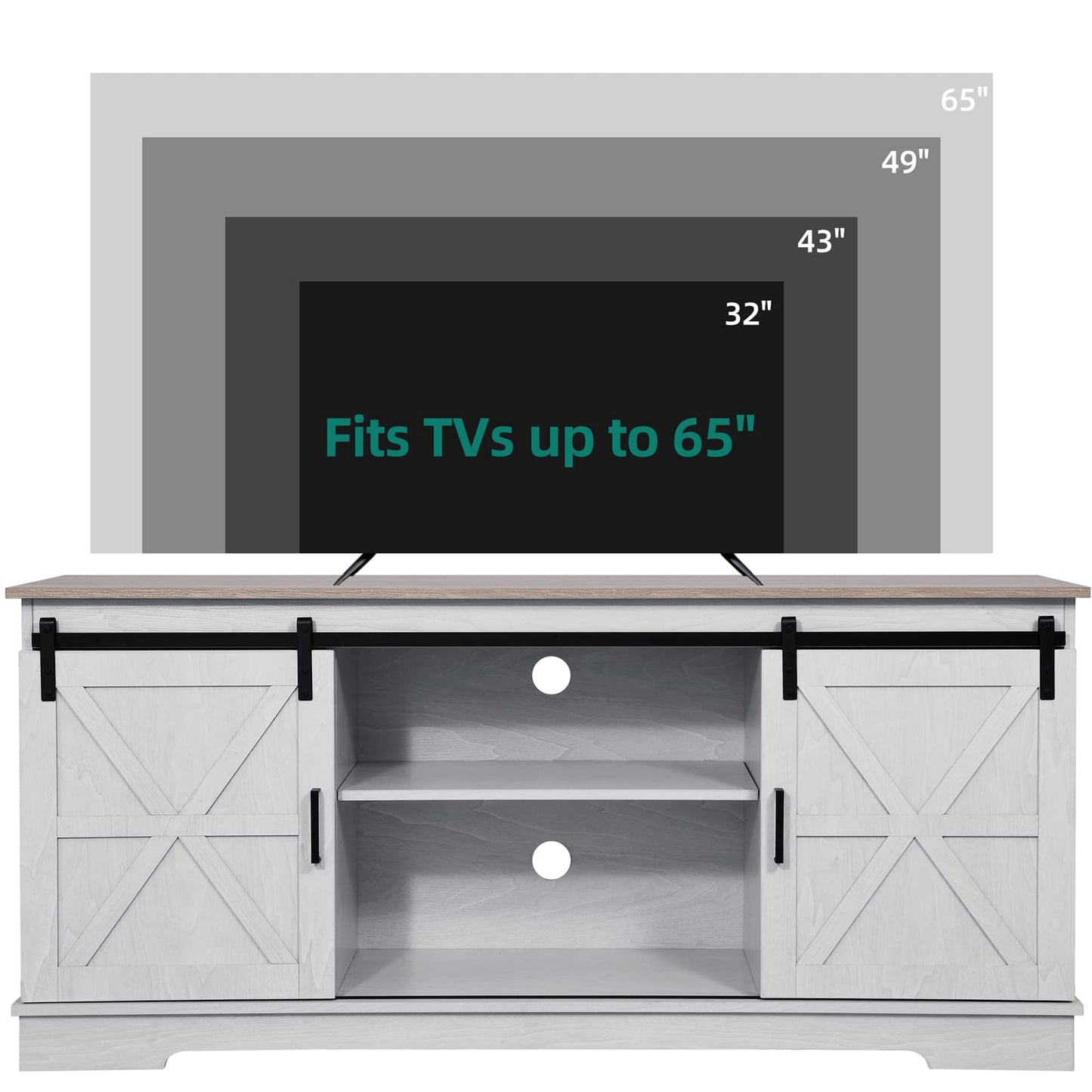 YITAHOME Farmhouse TV Stand for TVs up to 65 Inch, Entertainment Center with Sliding Barn Doors and Storage Cabinet, Rustic TV Media Console for Living Room, Grey White & Grey Wash