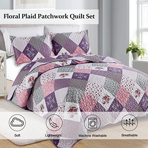 Dinjoy Purple Quilt Set Queen Size, Reversible Floral Plaid Patchwork Pattern Bedding Set Soft Microfiber Lightweight Bedspread Coverlet 3 Piece Spring Summer Use (90x90 inches) Dinjoy