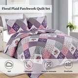 Dinjoy Purple Quilt Set Queen Size, Reversible Floral Plaid Patchwork Pattern Bedding Set Soft Microfiber Lightweight Bedspread Coverlet 3 Piece Spring Summer Use (90x90 inches) Dinjoy