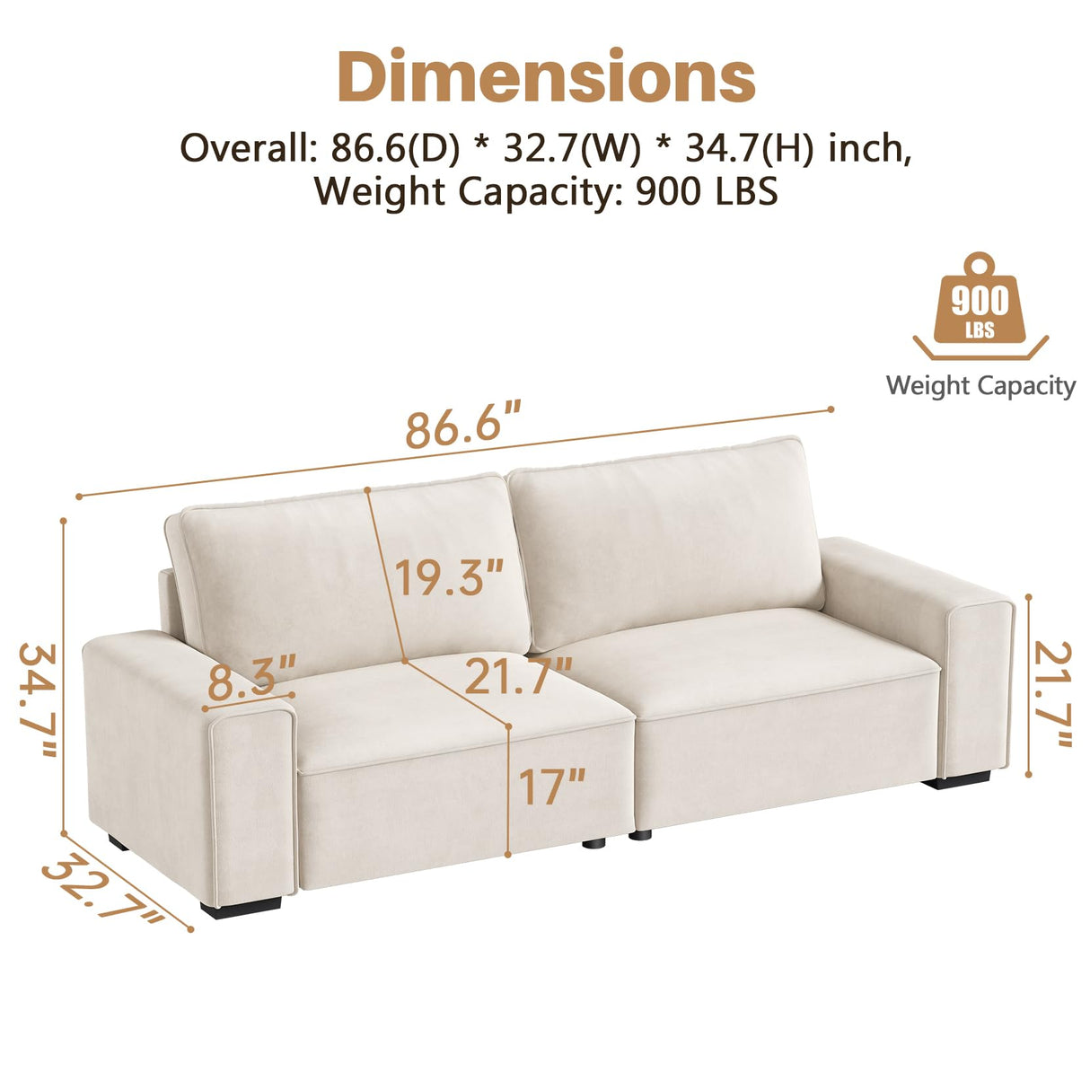 Vesgantti 87'' Chenille Couch for Living Room, 3 Seater Comfy Sofa with Wide Armrest, Thick Spring Cushions, Removable Cover, Modern Cloud Couch for Apartment, Office, Small Space, Chenille Beige Vesgantti