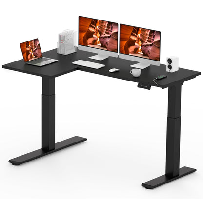 FitStand L shaped corner standing desk with dual motor, large 63x40 electric height adjustable gaming table, stand up home office desk computer workstation, Black - WoodArtSupply