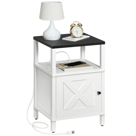 MAHANCRIS Farmhouse Nightstand with Charging Station, White Bedside Table with USB&Type-C Ports and Outlets, End Table with Storage, Night Stand for Bedroom, White and Black ETBW96E01 MAHANCRIS