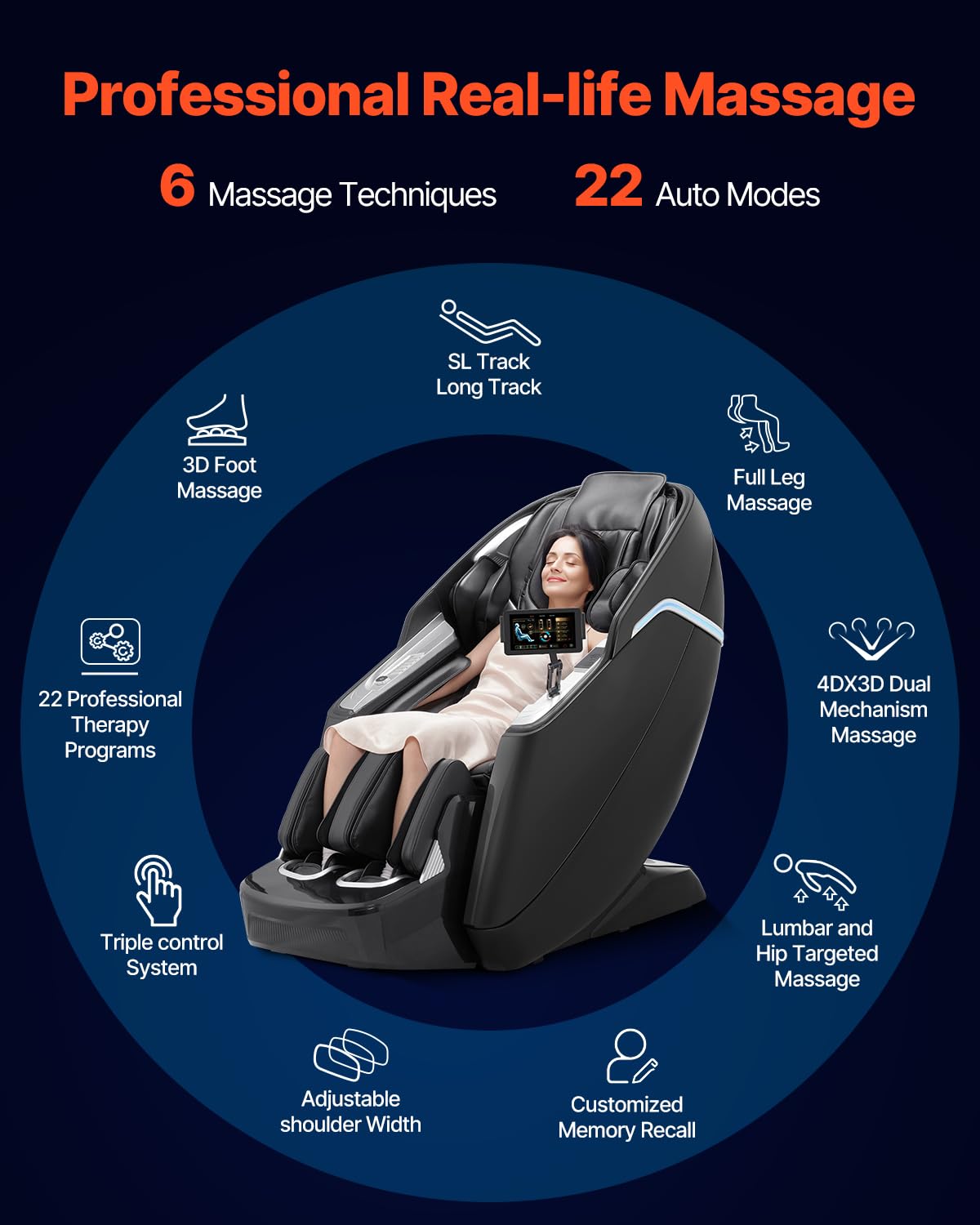 VEVOR 4D+3D Full Body Massage Chair - SL Track, AI Voice Control, Electric Extendable Footrest, Yoga Stretch, TFT Touchscreen, Home Relaxation VEVOR