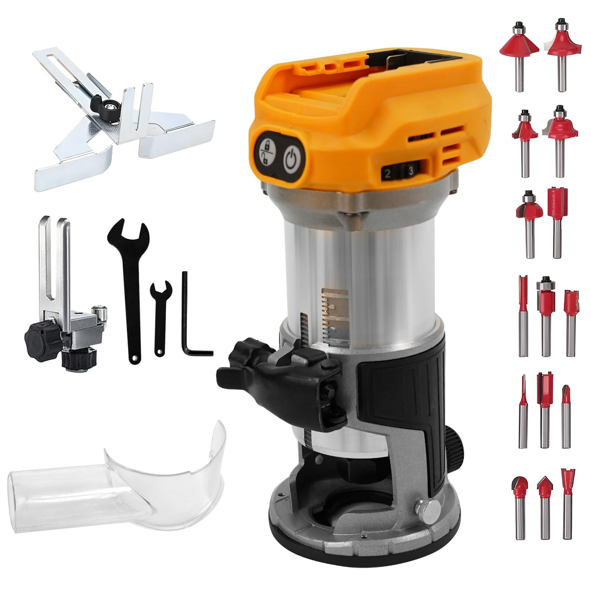 Aluminum Base Cordless Compact Electric Router Tool for DeWalt 20V Battery (Bare Tool), 800W 10000-33000 RPM 6 Variable Speed Fixed Base Wood Router with 15 Router Tool Bits for Woodworking dcvbny