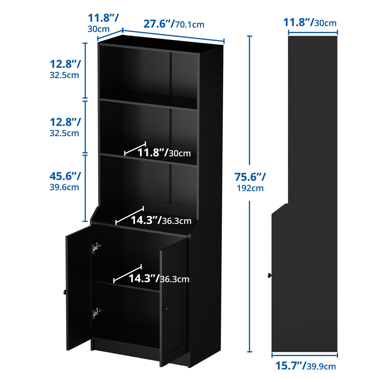Cozy Castle 75" Tall Book Shelf and Bookcase with 2 Doors, Large 5-Tier Freestanding Bookshelf with 15.7" Depth Storage Cabinet and Adjustable Shelf for Living Room, Office, Bedroom, Black Cozy Castle