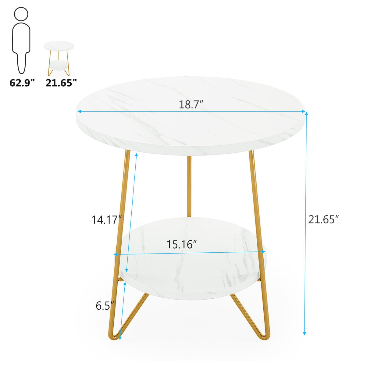 Tribesigns Faux Marble End Table, 2 Tier Round Side Table with Shelves, Modern Gold Nightstand Bedside Table Small Coffee Accent Table for Living Room Bedroom, White and Gold Tribesigns