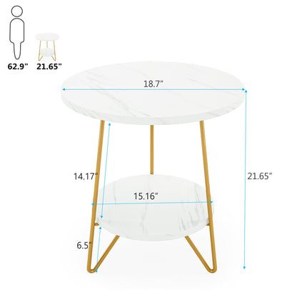 Tribesigns Faux Marble End Table, 2 Tier Round Side Table with Shelves, Modern Gold Nightstand Bedside Table Small Coffee Accent Table for Living Room Bedroom, White and Gold - WoodArtSupply