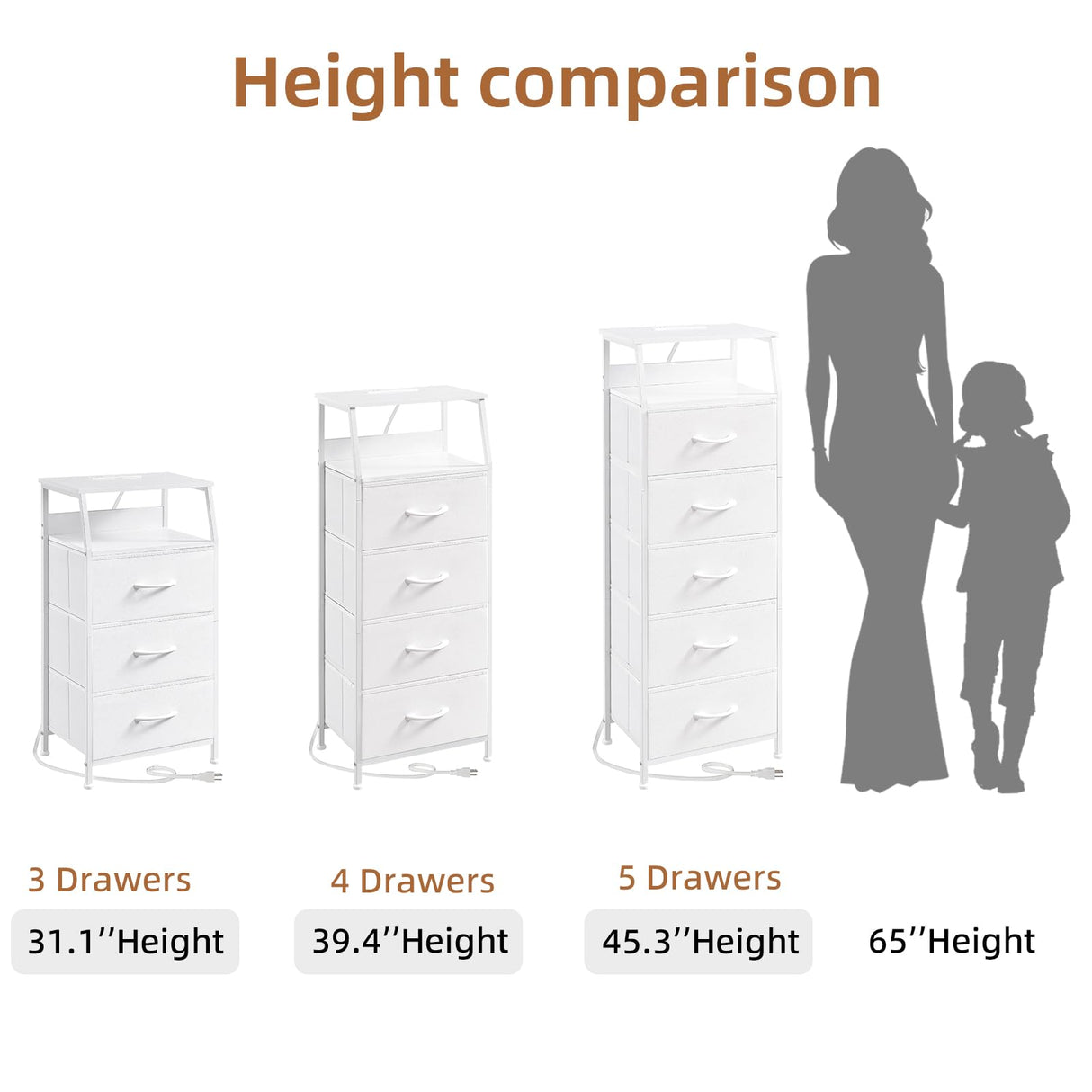 Somdot White Nightstand with Charging Station and LED Light for Bedroom, Tall 4 Drawers Dresser with Fabric Bins for Bedside Kids Dorm Room Closet Laundry Entryway, White Leather Somdot