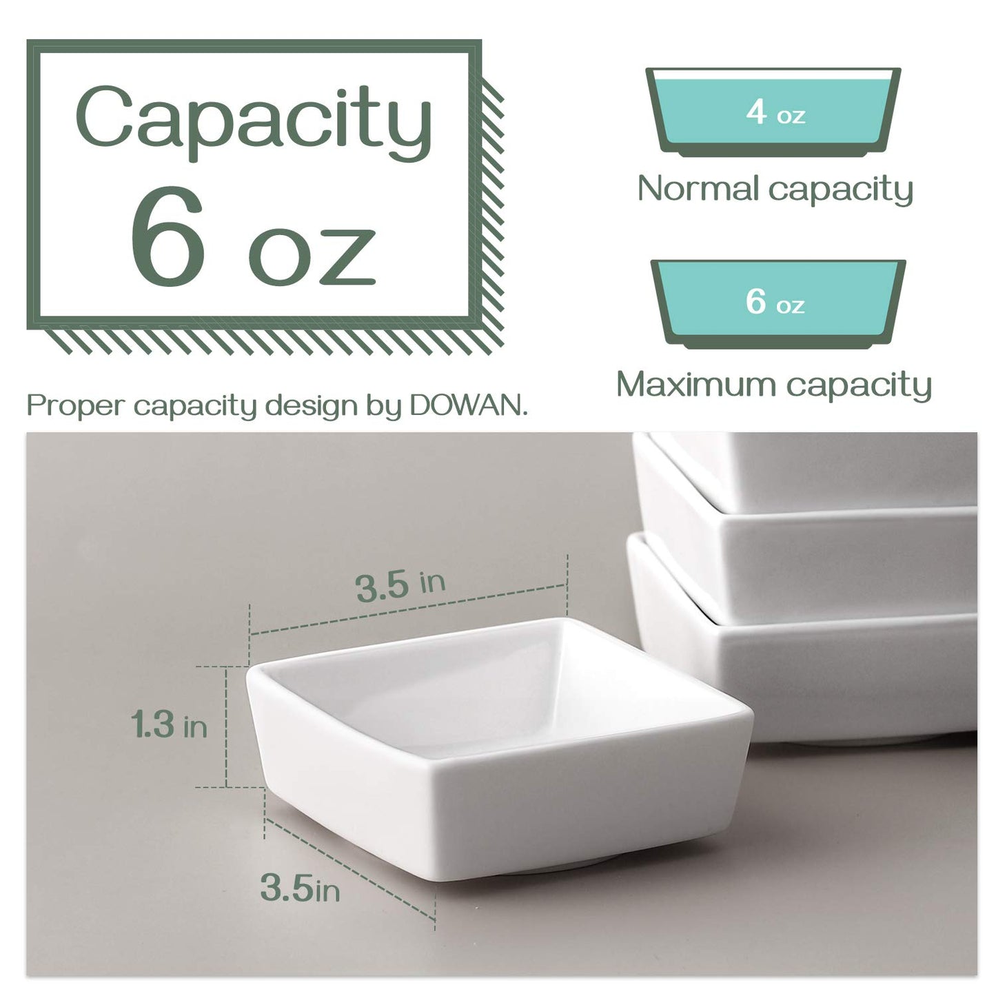 DOWAN Ramekins 6 oz Oven Safe, Square Ramekins for Creme Brulee, Porcelain Souffle Ramekins for Baking, Dessert Bowls Appetizer Bowls Dipping Sauce Dish, Set of 6, White