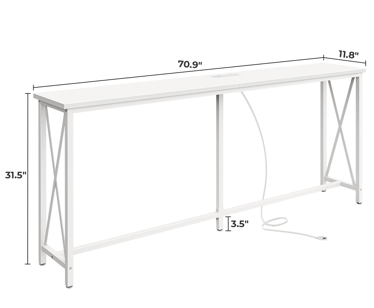SUPERJARE 70 Inch Console Table with 2 Outlets, 1 Type-C and 1 USB Port, Extra Long Entryway Table with Metal Frame and X-Shaped Bars, Narrow Sofa Table for Living Room, Hallway, White SUPERJARE