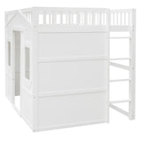Full House Loft Bed Frame for Kids, Wood Full Loft Bed with Windows and Guardrail, Playhouse Bed, Full Size Loft Bed for Boys & Girls, No Box Spring Needed, Underbed Height is 51 Inches, White Harper & Bright Designs